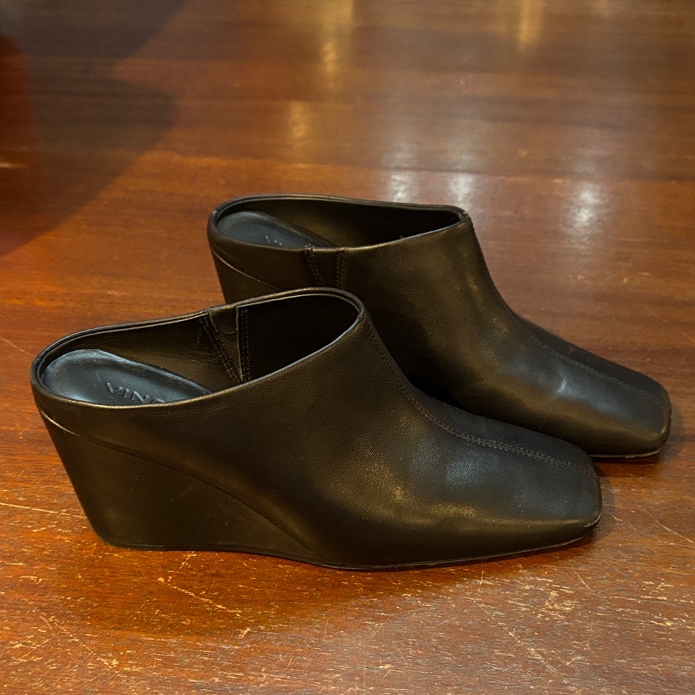 Vince Black Leather Wedge Mules